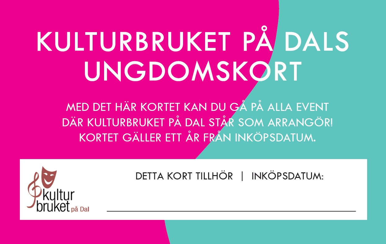 Framsidan på Kulturbruket på Dals Ungdomskortet. Designen går i chockrosa och turkos.