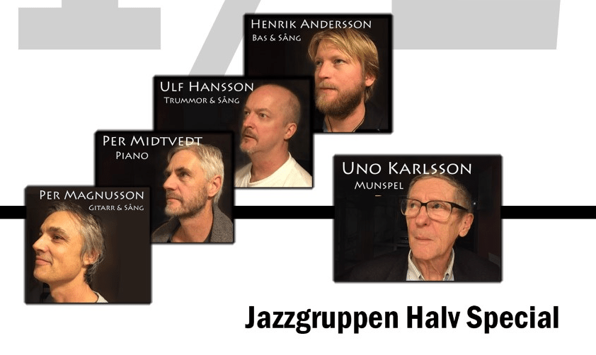 Jazzgruppen Halv Special i ett collage där deras namn och instrument står utskrivna.