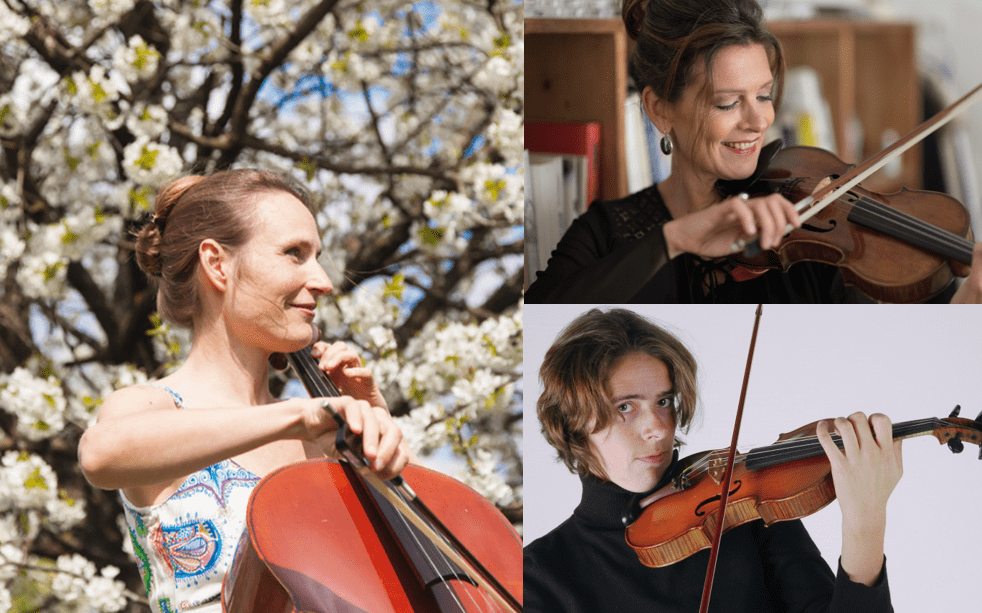 Ett collage av Claudia Winkler med fiol, Lisa Barry med viola och Daniela Müller med cello.