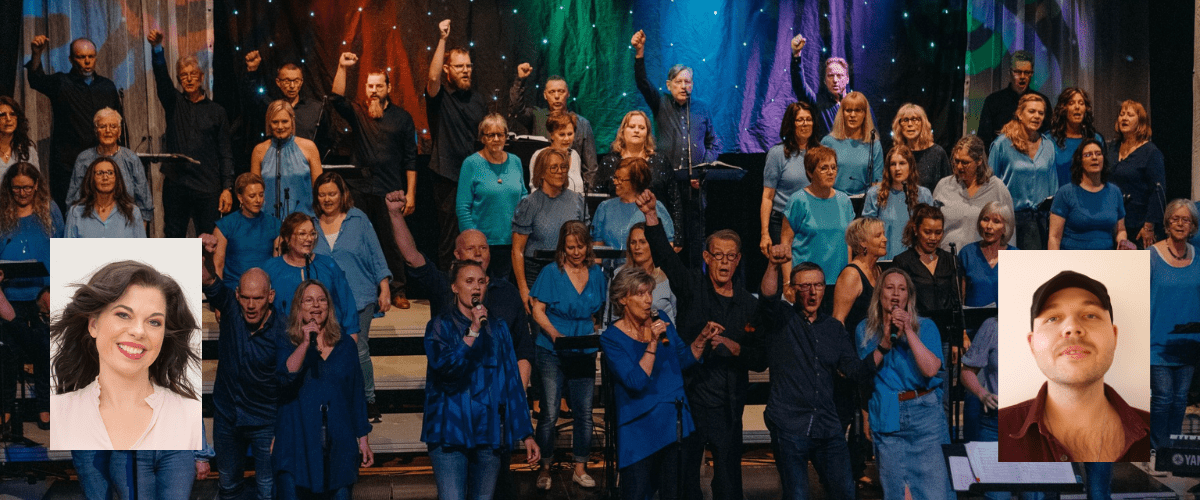 Kören Song of Joy står på en färgglatt upplyst scen. Inklippt finns varsin porträttbild på Evelyn Jons och Linus Wallberg.