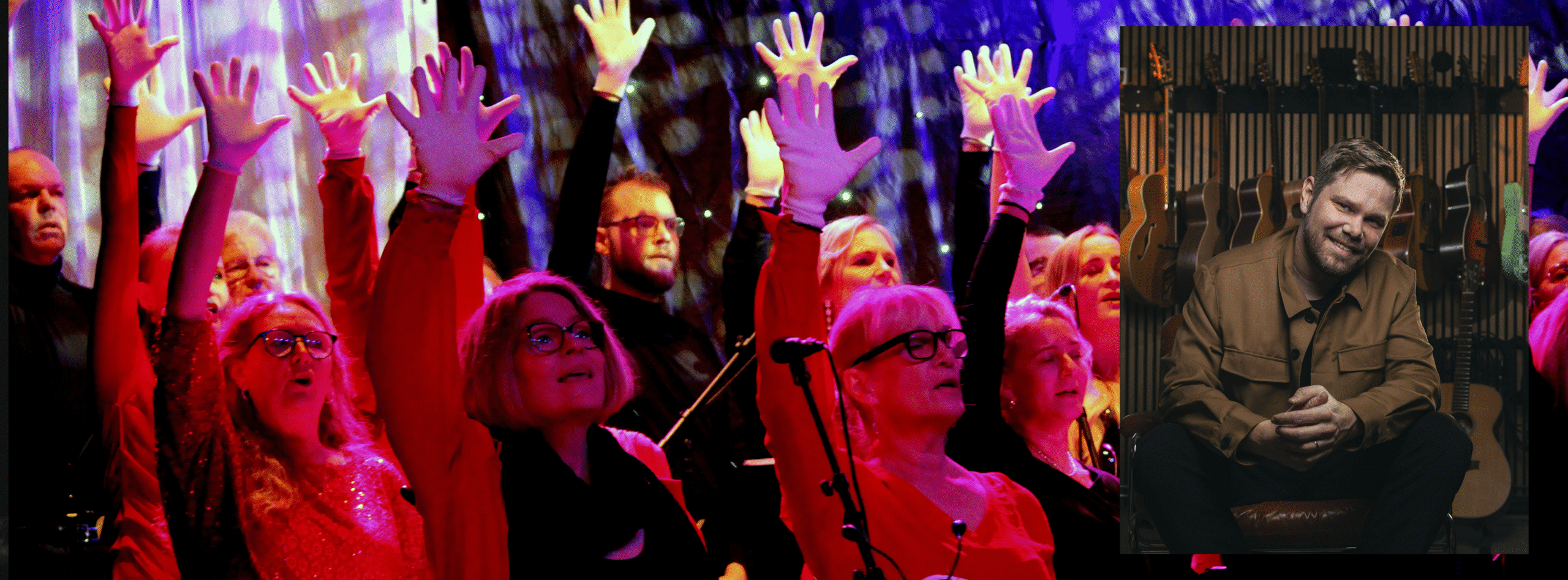 En bild på Emil Ernebro monterad över en lilarosa bild på kören Song of Joy.