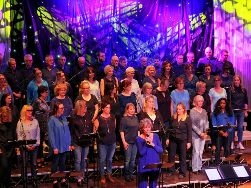 Song of Joy med Birgitta Stenbratt i spetsen står på en scen upplyst i blålila.